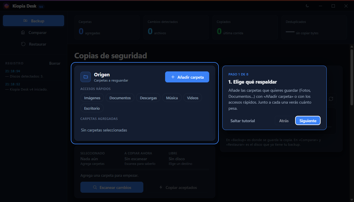 El tutorial de Kiopia Desk resaltando el paso «Elige qué respaldar»